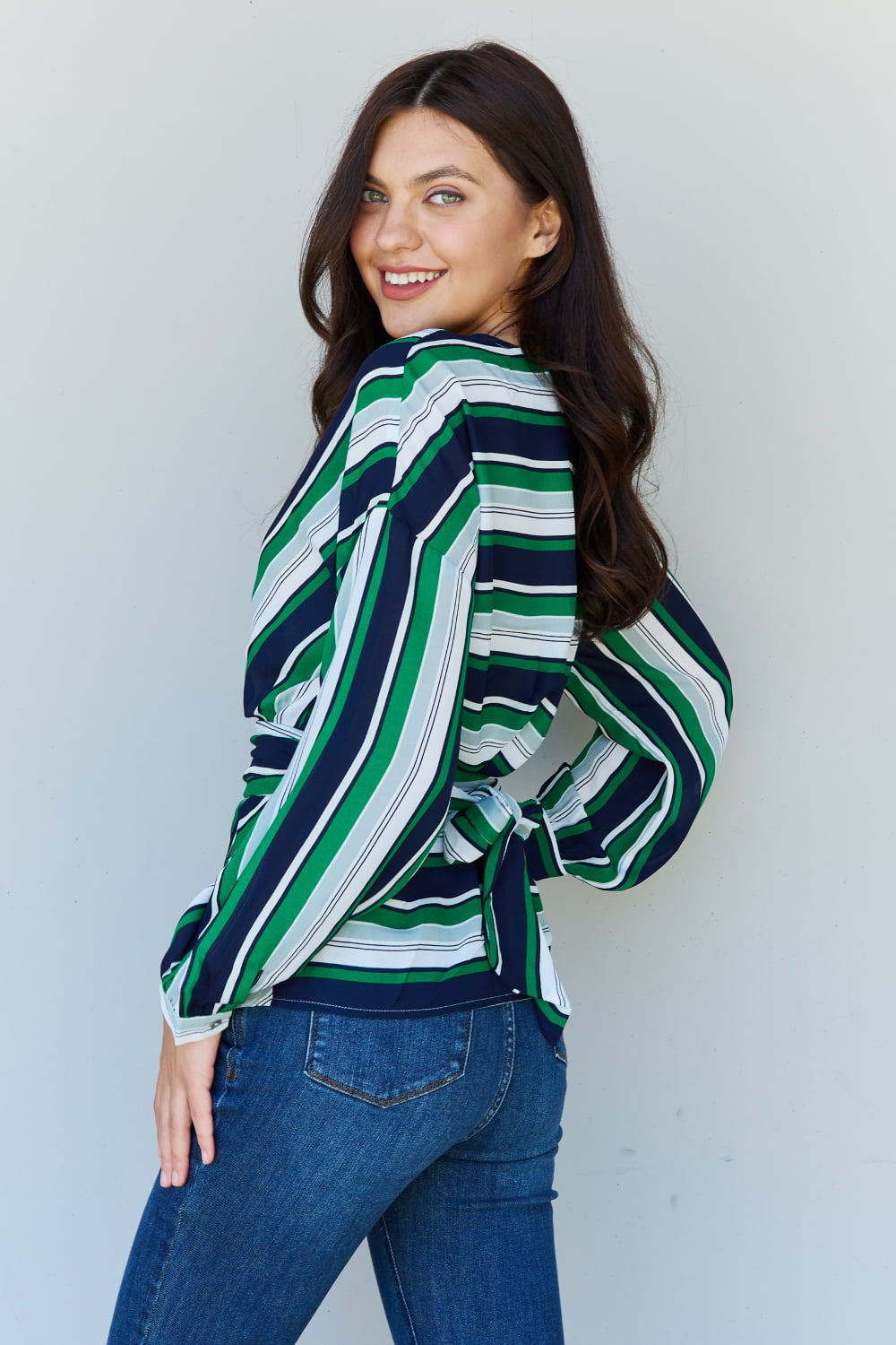 Multicolored Striped Wrap Top in Multi Green