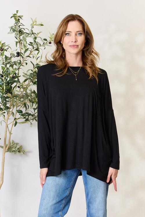 Round Neck Long Sleeve Top with Pocket