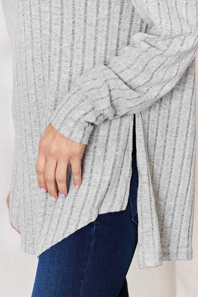 Ribbed Round Neck Slit T-Shirt