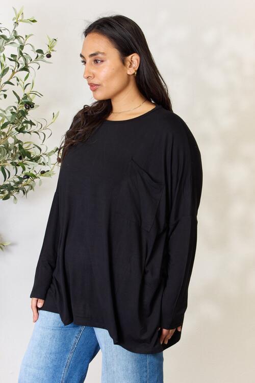 Round Neck Long Sleeve Top with Pocket
