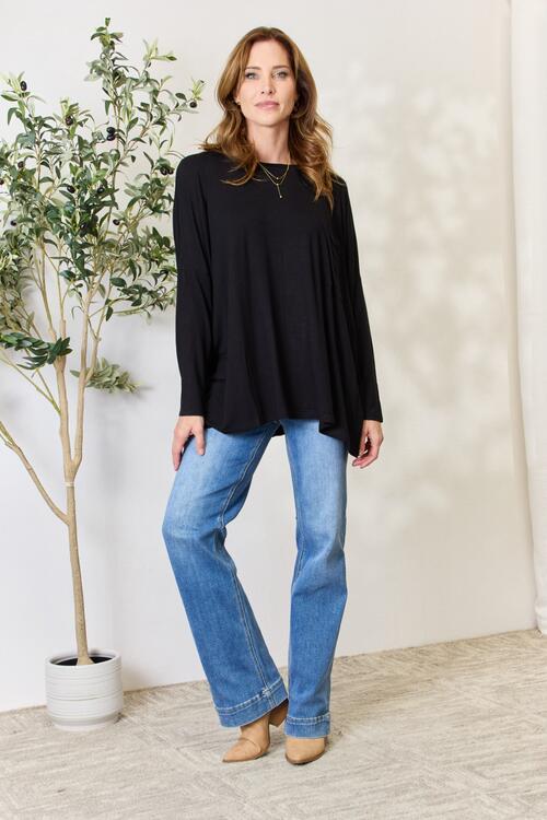 Round Neck Long Sleeve Top with Pocket