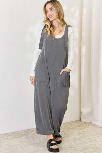 Ribbed Tie Shoulder Sleeveless Ankle Overalls