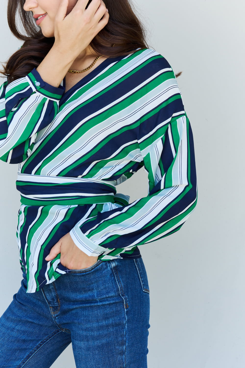 Multicolored Striped Wrap Top in Multi Green