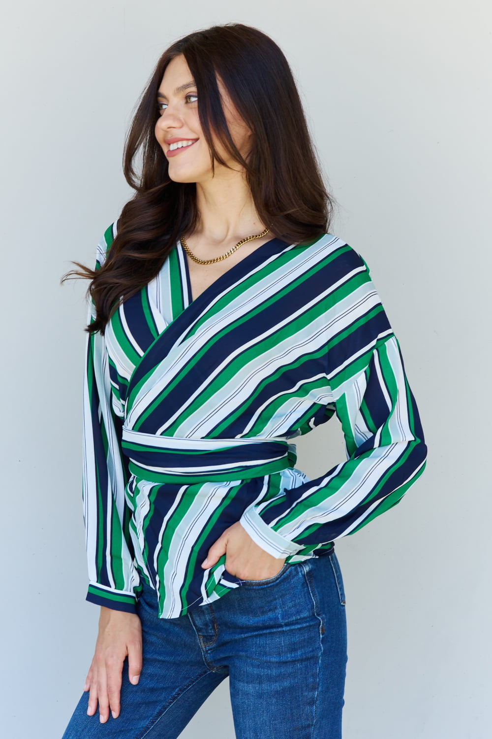 Multicolored Striped Wrap Top in Multi Green