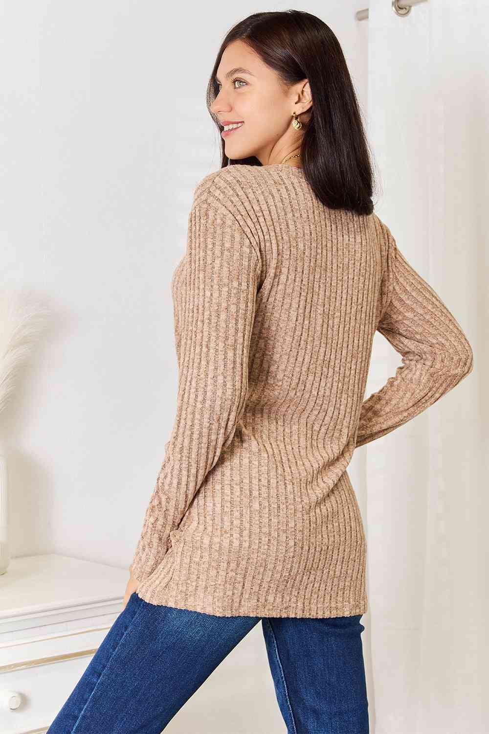 Notched Neck Ribbed Long Sleeve T-Shirt