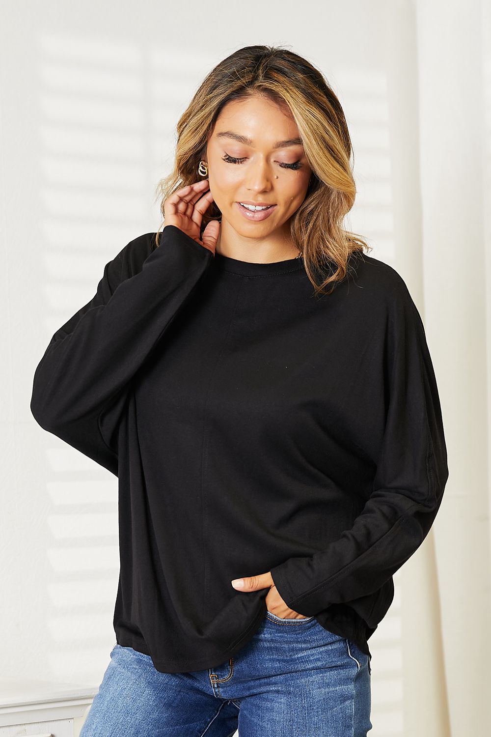 Seam Detail Round Neck Long Sleeve Top